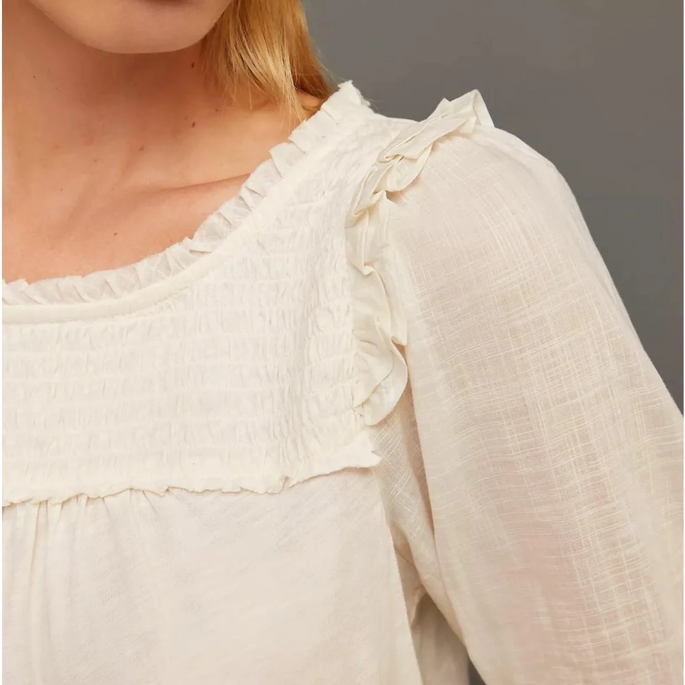 NWT By Anthropologie Smocked Puff-Sleeve Knit Top in Ivory Size XS